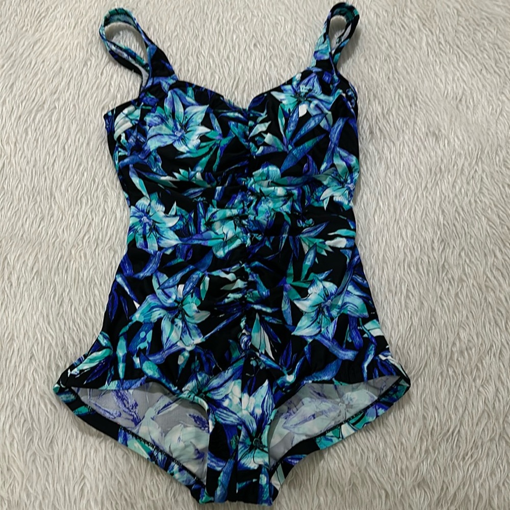 Le Cove black blue tropical floral Swimsuit size 14